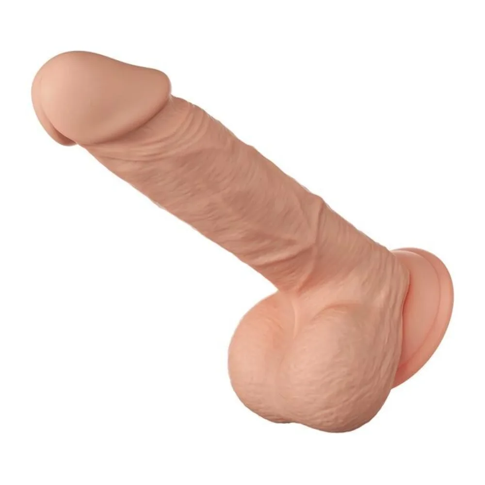 Schéma de dimensions d'un gode réaliste en silicone beige clair avec base ventouse, montrant 46 mm de largeur, 21,8 mm de longueur totale et 15,5 mm de longueur insérables