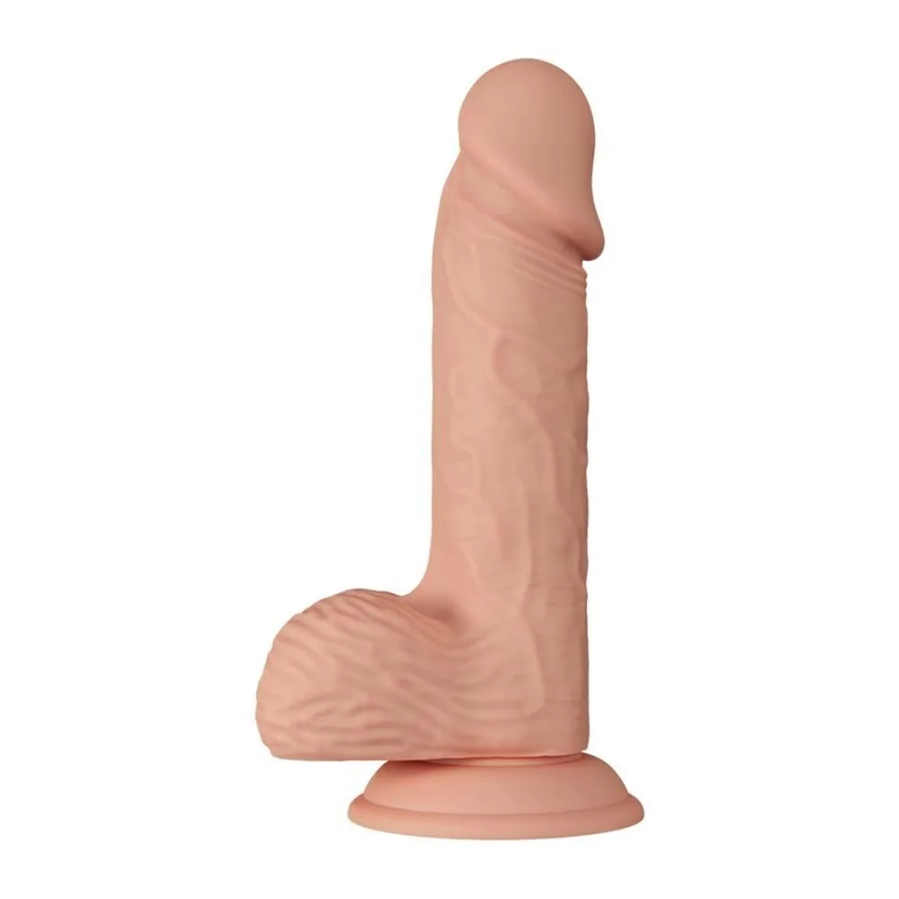 Gode réaliste en silicone beige clair avec détails anatomiques texturés, base élargie, vue en perspective sur fond blanc