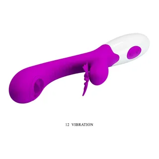 Vibromasseur en silicone rose fuchsia avec tête en forme de langue et boule stimulante, manche blanc et gris, offrant 12 modes de vibration