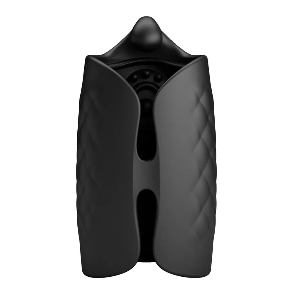 Schéma de dimensions d'un masturbateur en silicone noir avec poignée, montrant 59 mm de largeur et 95 mm de hauteur, surface quilted visible