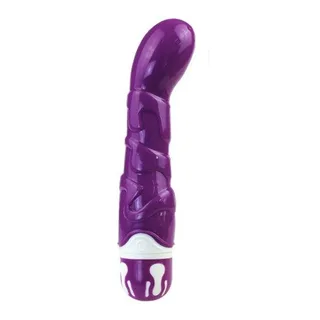 Vibromasseur en silicone violet avec tête arrondie et motifs texturés en spirale, bague de maintien blanche et mauve à la base, sur fond blanc