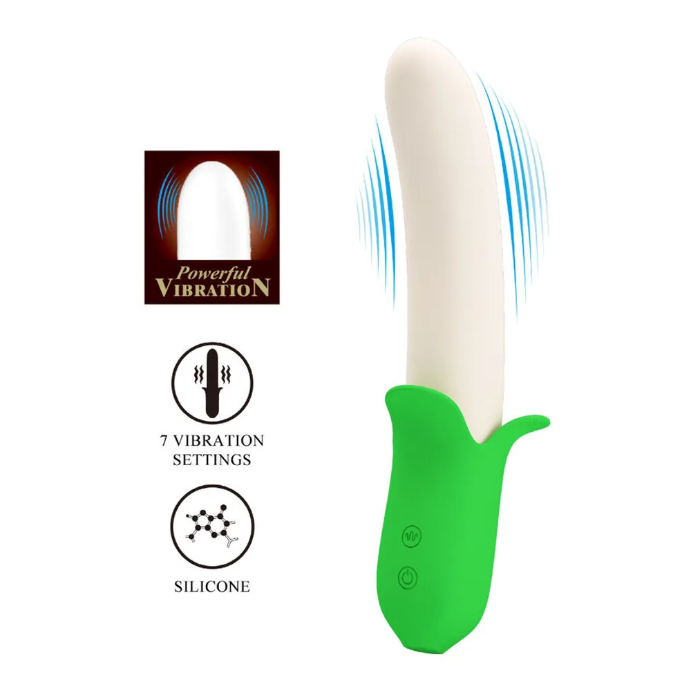 Vibromasseur en silicone blanc et vert, corps courbé et arrondi, avec poignée verte dotée de deux boutons de commande, illustration des modes de vibration bleue sur le côté