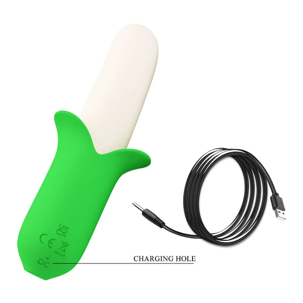 Vibromasseur en silicone blanc et vert, corps courbé et arrondi, avec poignée verte dotée de deux boutons de commande, illustration des modes de vibration bleue sur le côté