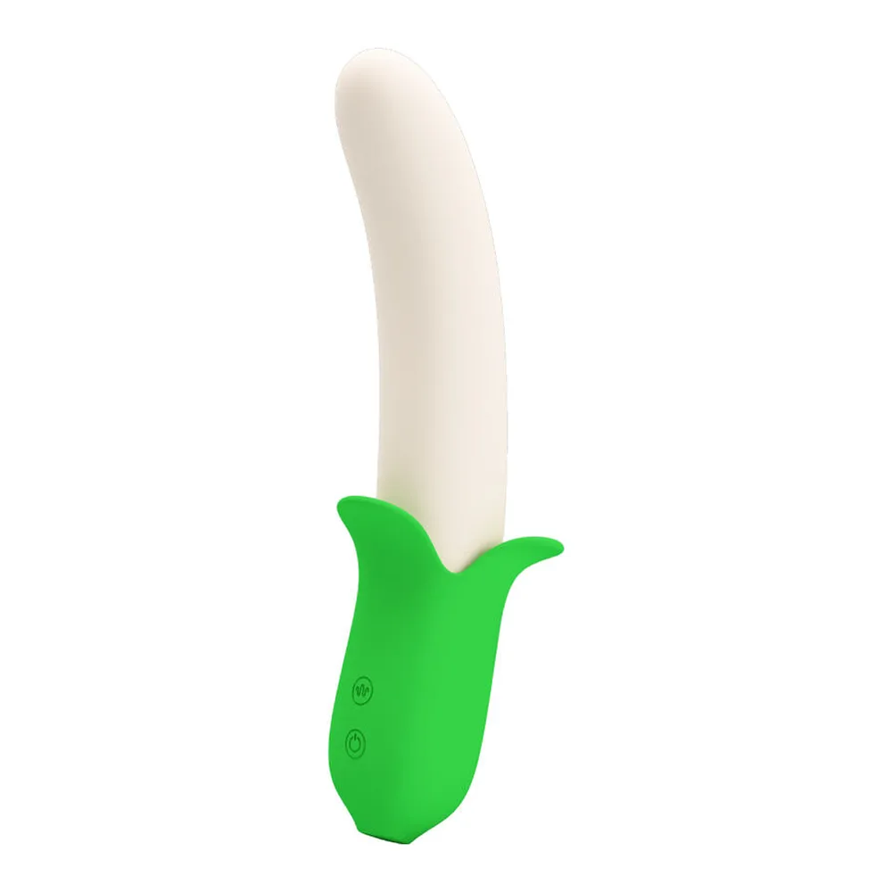 Vibromasseur silicone blanc et vert, corps courbé, autre vue 4