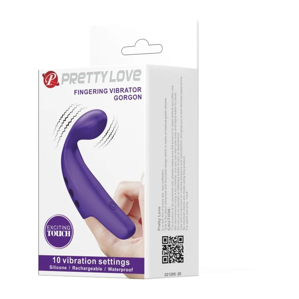 Emballage du vibromasseur doigt Gorgon violet de Pretty Love, montrant le produit en silicone courbé tenu à la main, avec indication de 10 modes de vibration et recharge