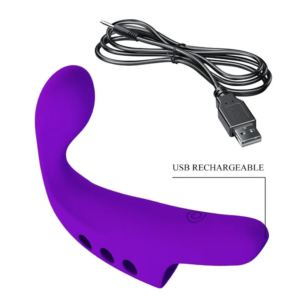 Emballage du vibromasseur doigt Gorgon violet de Pretty Love, montrant le produit en silicone courbé tenu à la main, avec indication de 10 modes de vibration et recharge