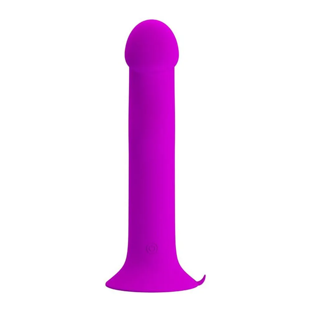 Vibromasseur point G en silicone magenta avec ventouse à la base, affichant 12 modes de pulsation latérale, sur fond blanc