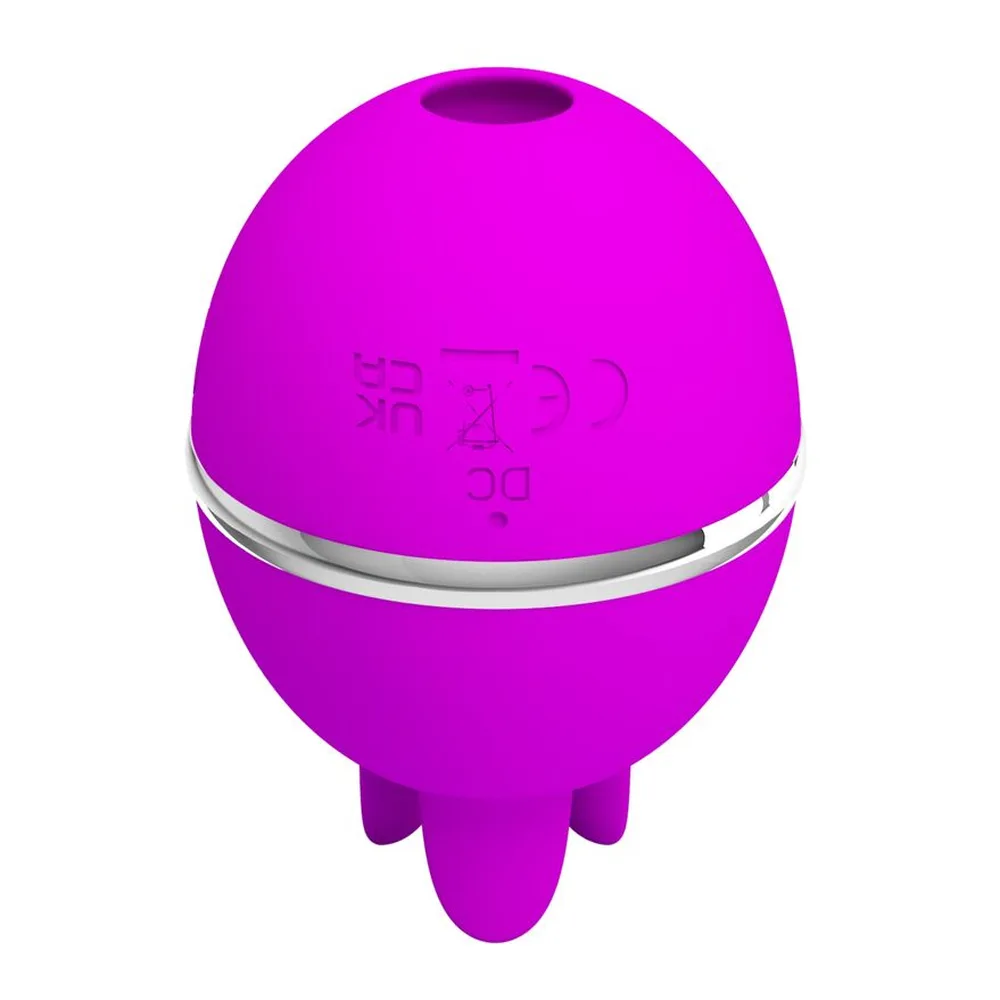 Schéma de dimensions d'un vibromasseur en silicone magenta avec languettes, anneau métallique et marquages de conformité, dimensions 49 mm de largeur et 70 mm de hauteur