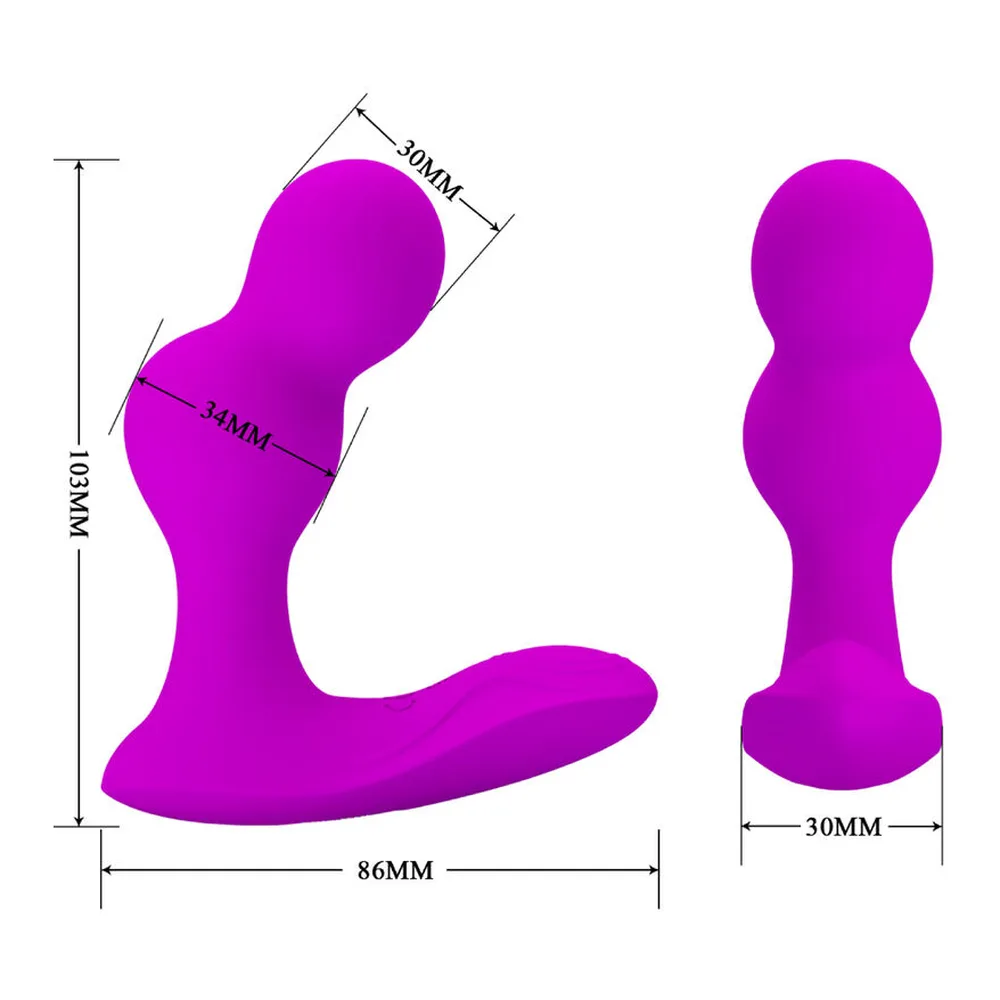 Schéma de dimensions d'un stimulateur de prostate magenta en silicone, montrant les deux têtes de 30 mm, le corps de 86 mm de large et 108 mm de hauteur totale
