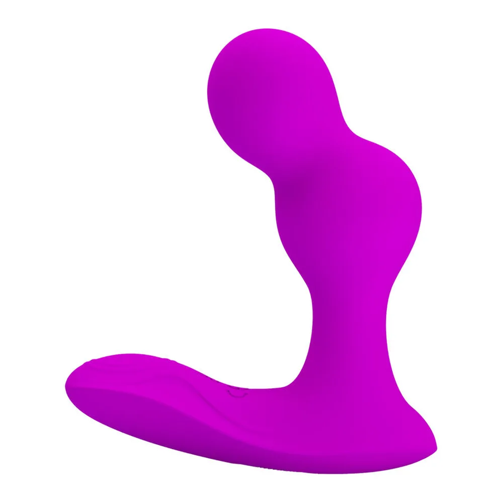 Schéma de dimensions d'un stimulateur de prostate magenta en silicone, montrant les deux têtes de 30 mm, le corps de 86 mm de large et 108 mm de hauteur totale