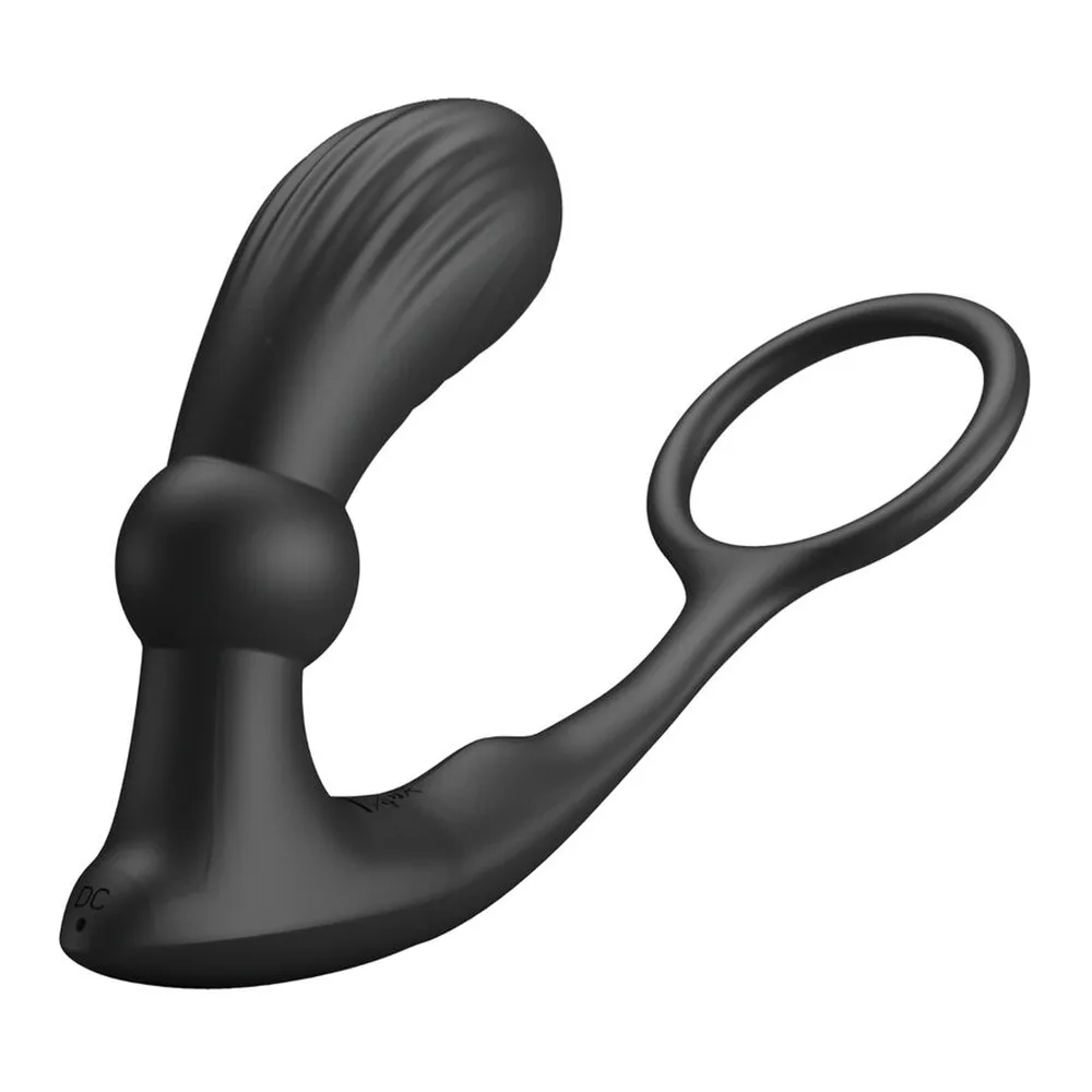 Stimulateur prostatique noir avec anneau pénien intégré, tête bulbeuse striée et anse ergonomique, sur fond blanc