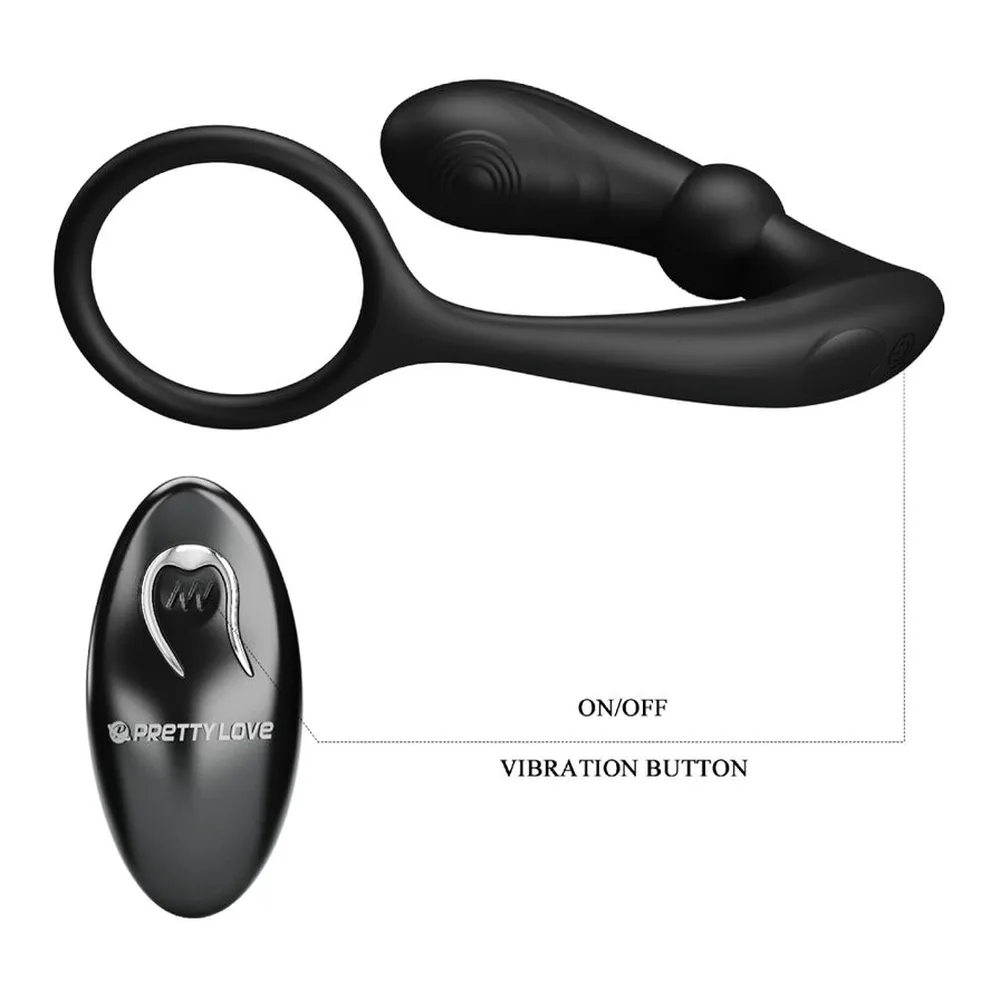 Stimulateur prostatique noir avec anneau pénien intégré, tête bulbeuse striée et anse ergonomique, sur fond blanc