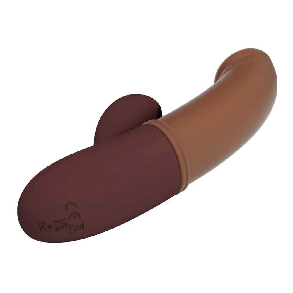 Vibromasseur point G en silicone bicolore marron clair et marron foncé, avec tête pointue et bras externe arrondi, sur fond blanc