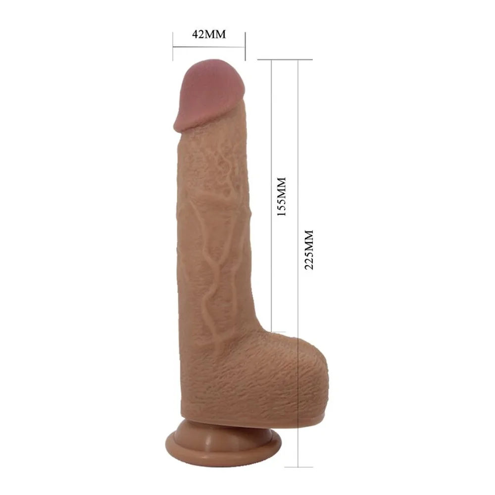 Schéma de dimensions d'un vibromasseur réaliste en silicone beige avec gland rose, montrant 42 mm de largeur, 155 mm de hauteur totale et 225 mm incluant la base de succion