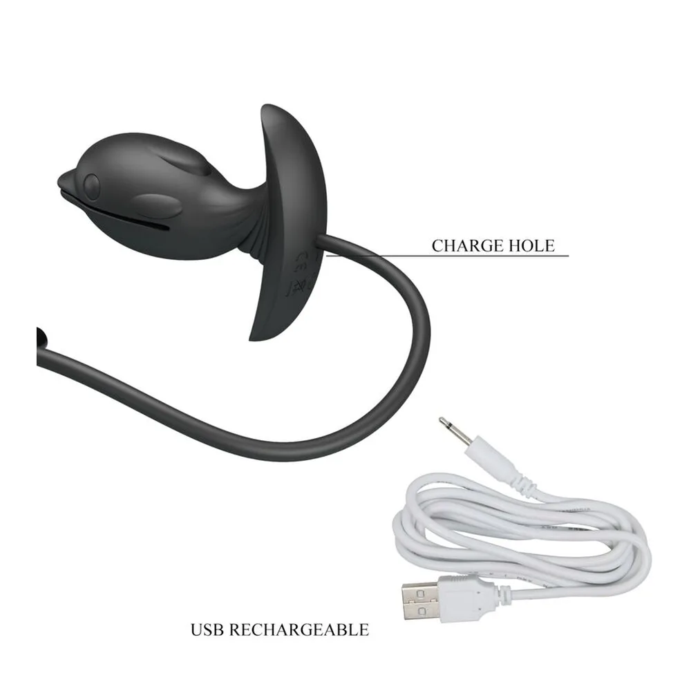 Plug anal gonflable noir avec base en forme de nageoire, câble de charge USB blanc et orifice de charge indiqué par une flèche