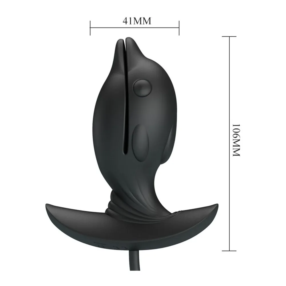 Plug anal gonflable noir avec base en forme de nageoire, câble de charge USB blanc et orifice de charge indiqué par une flèche