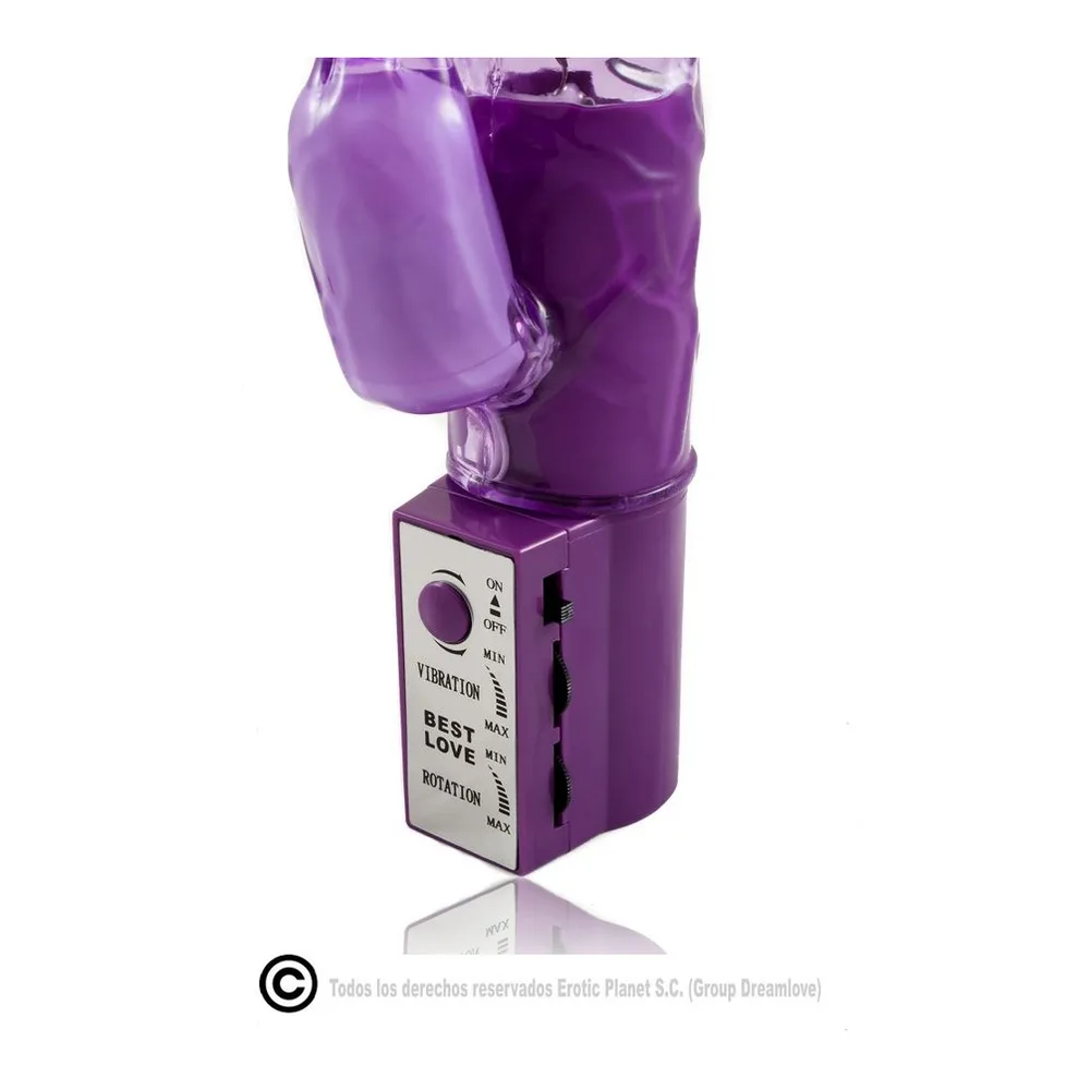Vibromasseur rabbit en silicone translucide violet avec billes rotatives dans la tige, stimulateur clitoridien articulé et base de commande, sur fond blanc