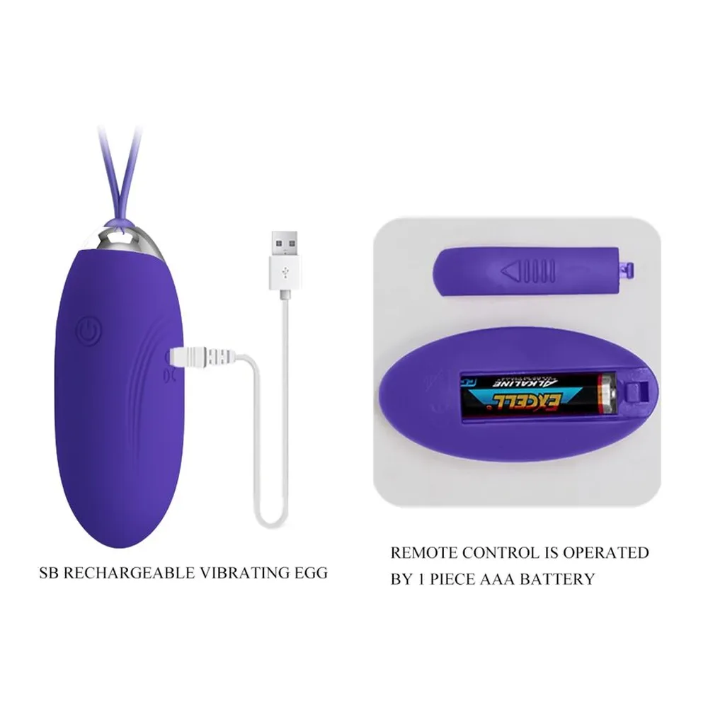 Œuf vibrant violet avec cordon de suspension, câble USB de recharge blanche et télécommande violette avec pile AAA visible dans son emballage