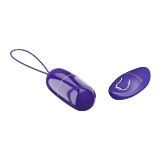 Œuf vibrant violet avec lanière de suspension et télécommande radio violet en forme de goutte, tous deux en plastique brillant