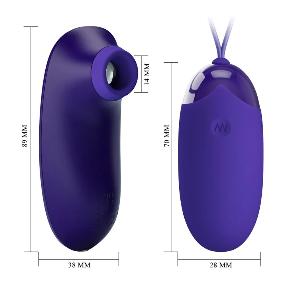 Deux œufs vibrants en silicone violet, l'un avec cordon et boutons de contrôle, l'autre avec lanière et embout arrondi, sur fond blanc