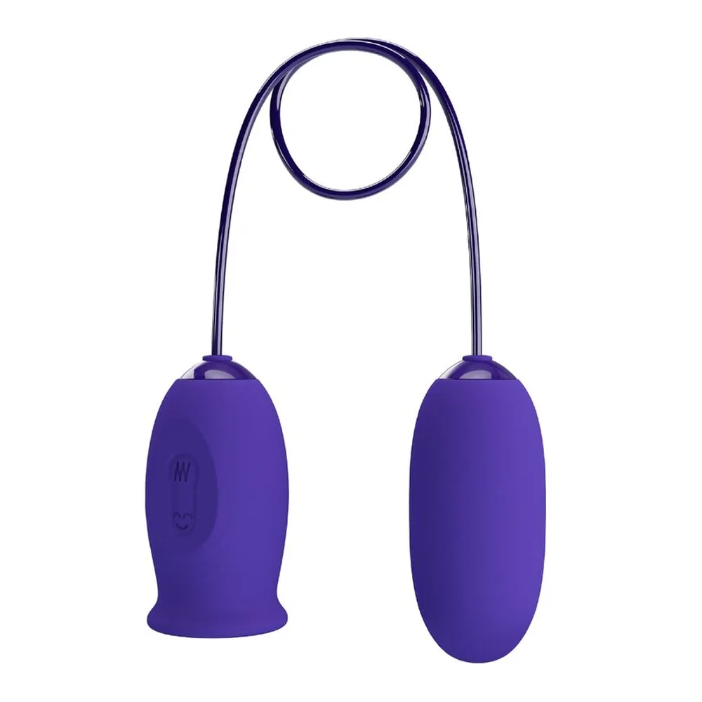 Stimulateur rechargeable violet en silicone avec deux bulbes reliés par cordon, télécommande sans fil assortie sur fond blanc
