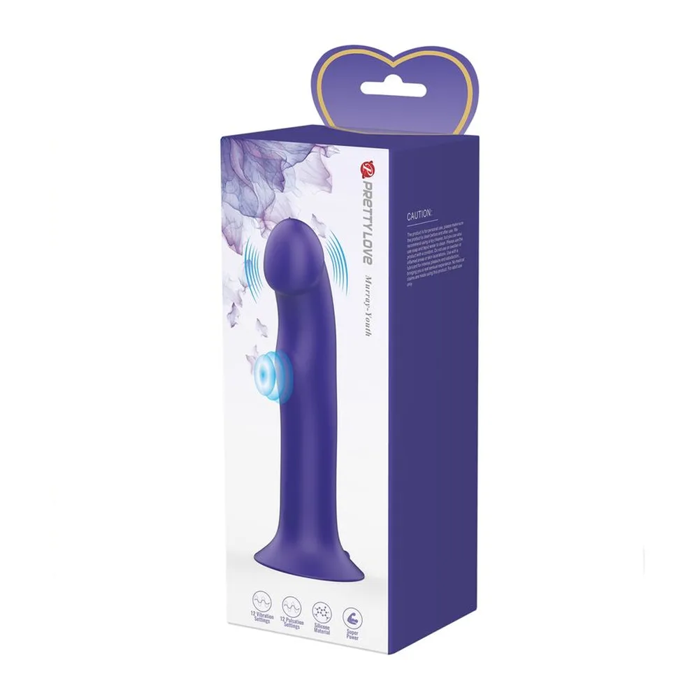 Emballage du vibromasseur Murray en boîte violette avec cœur doré, montrant le gode violet en silicone avec ventouse et détails turquoise sur fond blanc