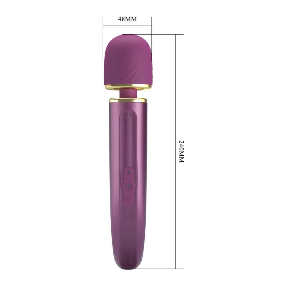 Masseur vibrant wand de couleur mauve avec tête arrondie, corps cylindrique texturé et bague dorée, schéma montrant les 7 réglages de vibration et les boutons de contrôle de vitesse