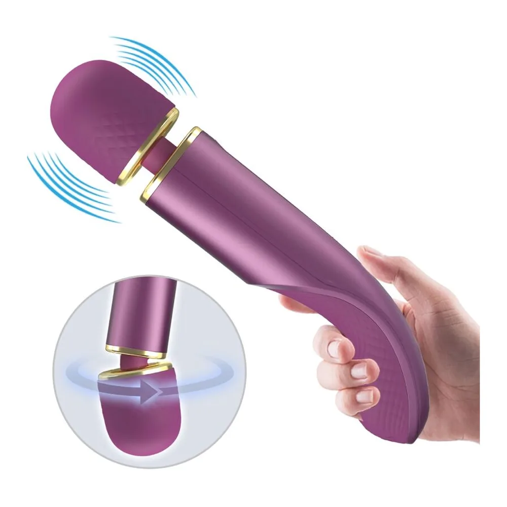 Masseur vibrant wand de couleur mauve avec tête arrondie, corps cylindrique texturé et bague dorée, schéma montrant les 7 réglages de vibration et les boutons de contrôle de vitesse