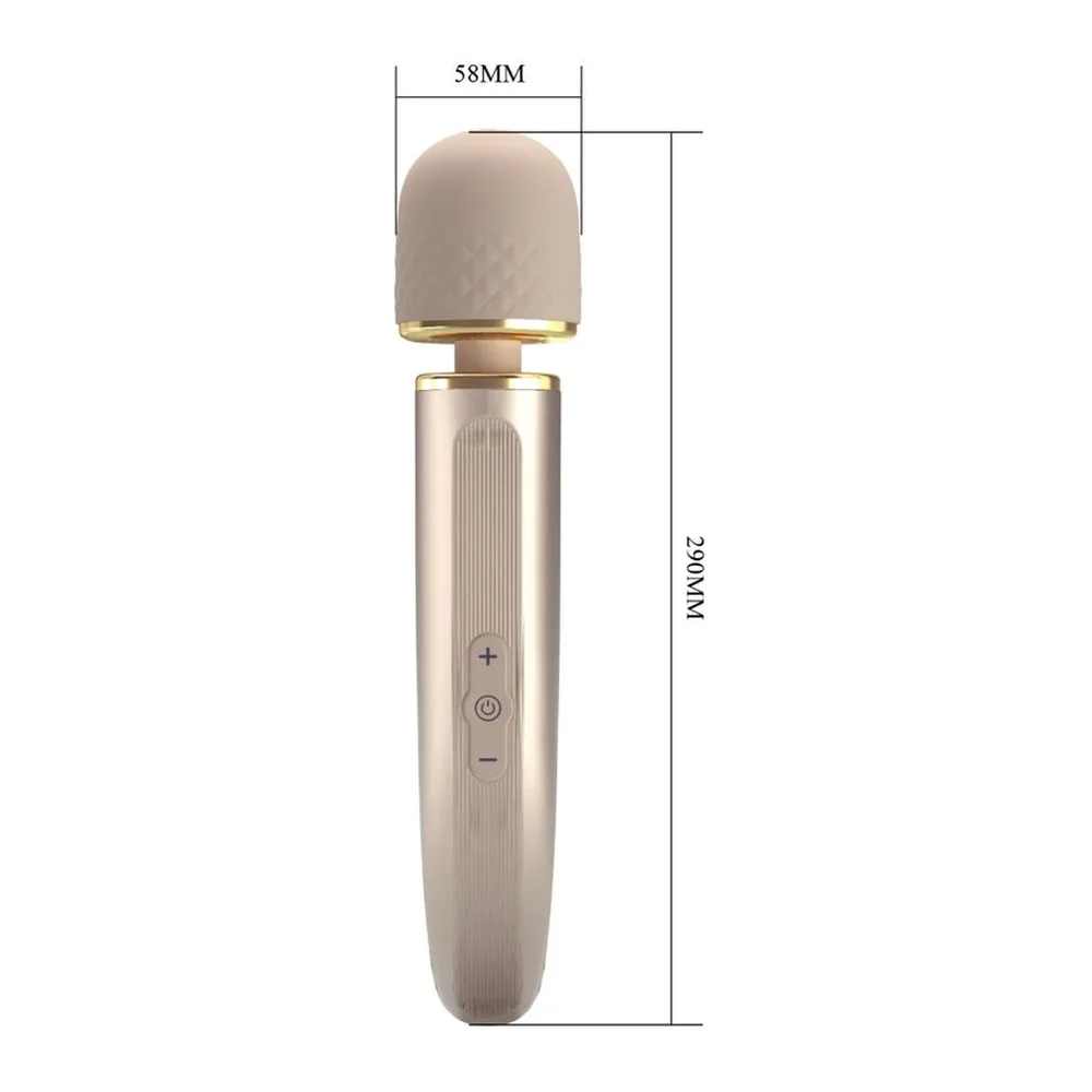 Schéma dimensionnel d'un masseur en silicone beige avec tête ronde de 58 mm et longueur totale de 290 mm, manche texturé et boutons de contrôle