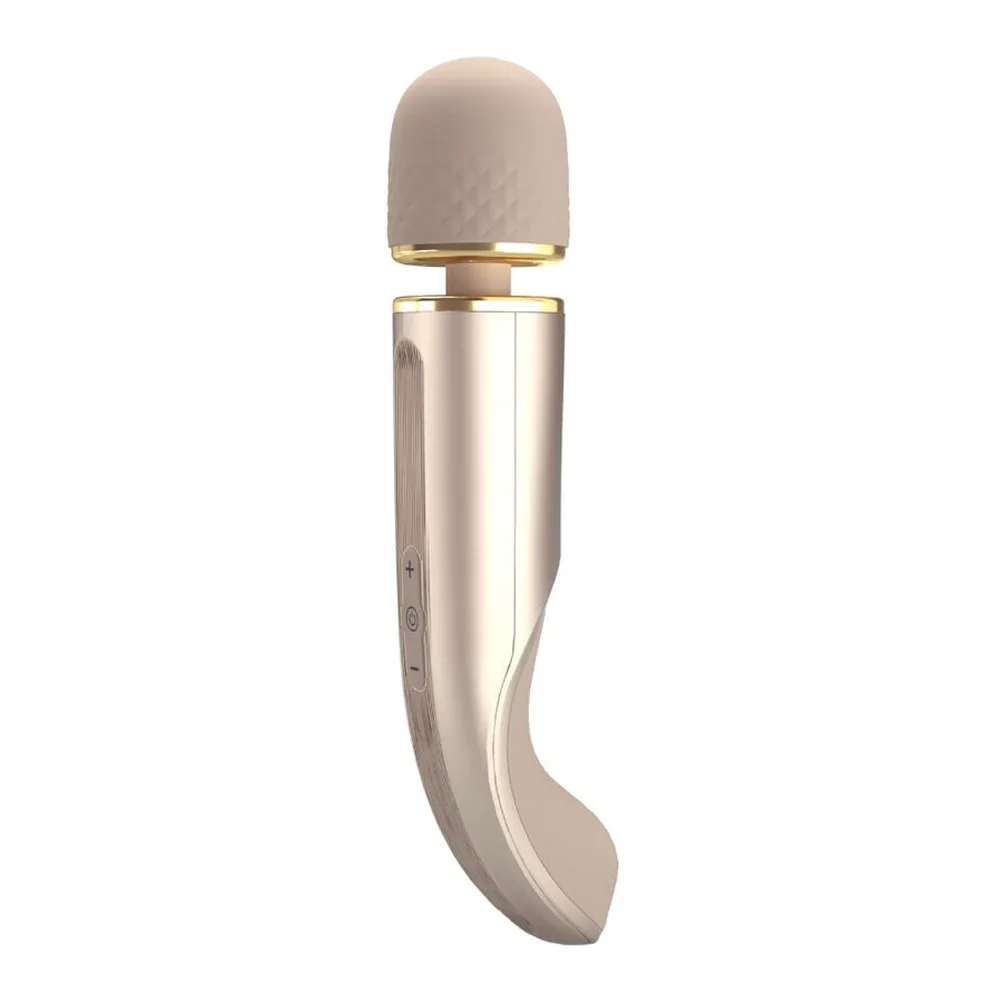 Schéma dimensionnel d'un masseur en silicone beige avec tête ronde de 58 mm et longueur totale de 290 mm, manche texturé et boutons de contrôle
