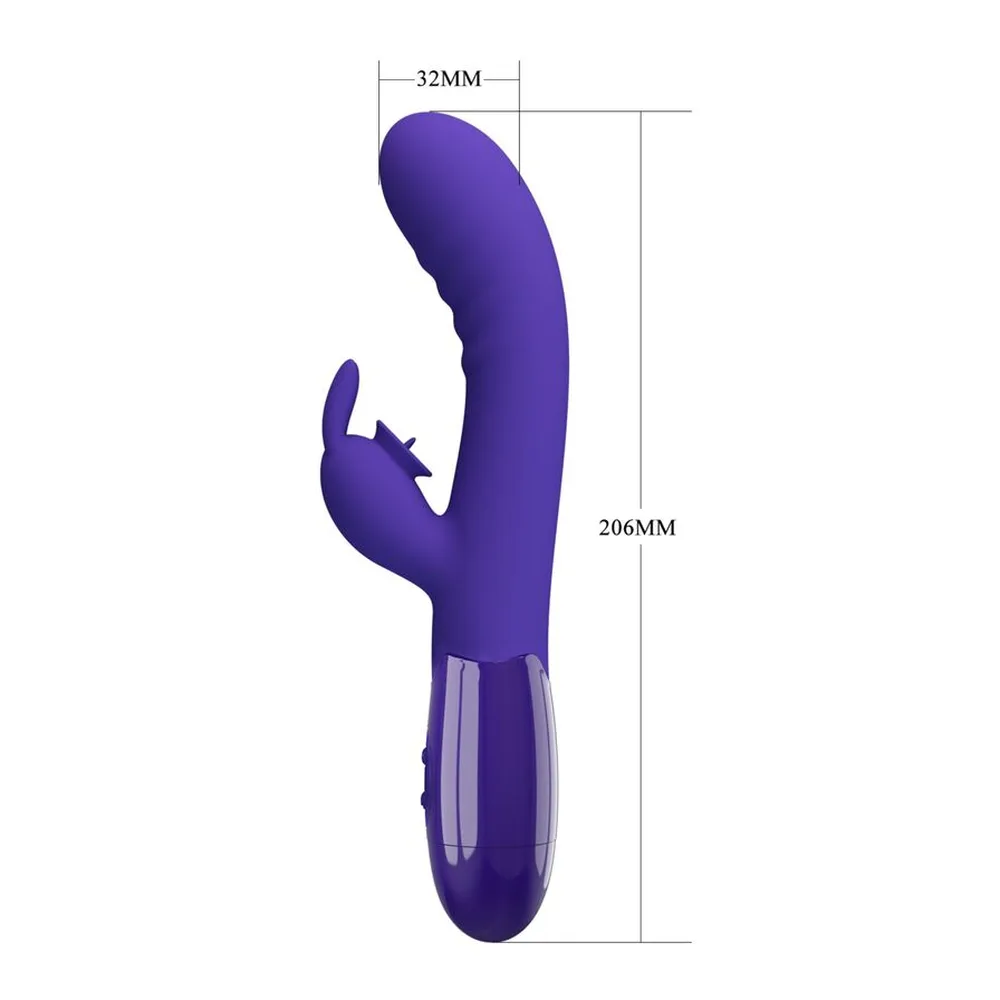 Schéma de dimensions d'un vibromasseur lapin en silicone violet, 206 mm de hauteur totale, 32 mm de largeur, avec bras de stimulation et zone de commandes graduée
