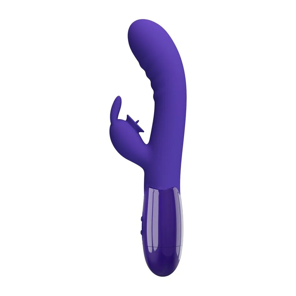Schéma de dimensions d'un vibromasseur lapin en silicone violet, 206 mm de hauteur totale, 32 mm de largeur, avec bras de stimulation et zone de commandes graduée