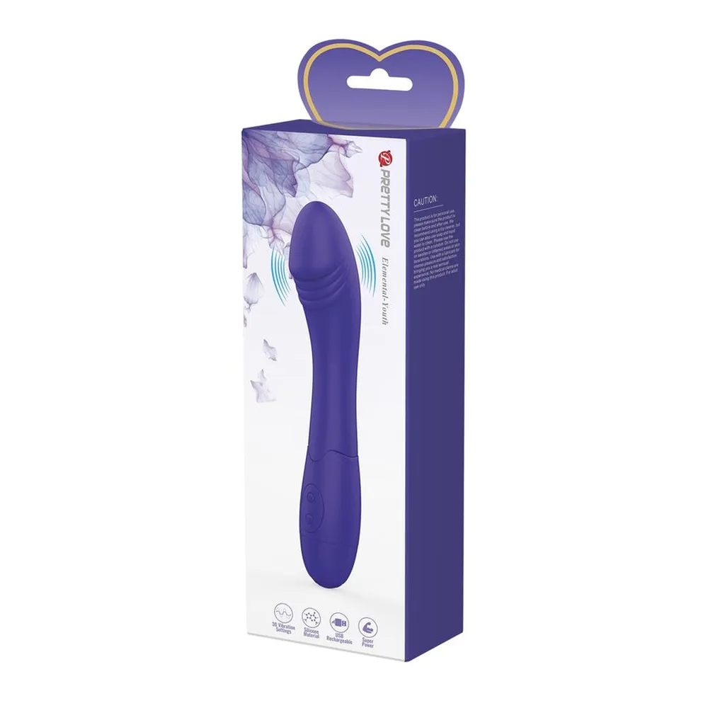 Emballage d'un vibromasseur en silicone violet foncé avec capuchon en cœur doré, boîte blanche et violette ornée de motifs floraux