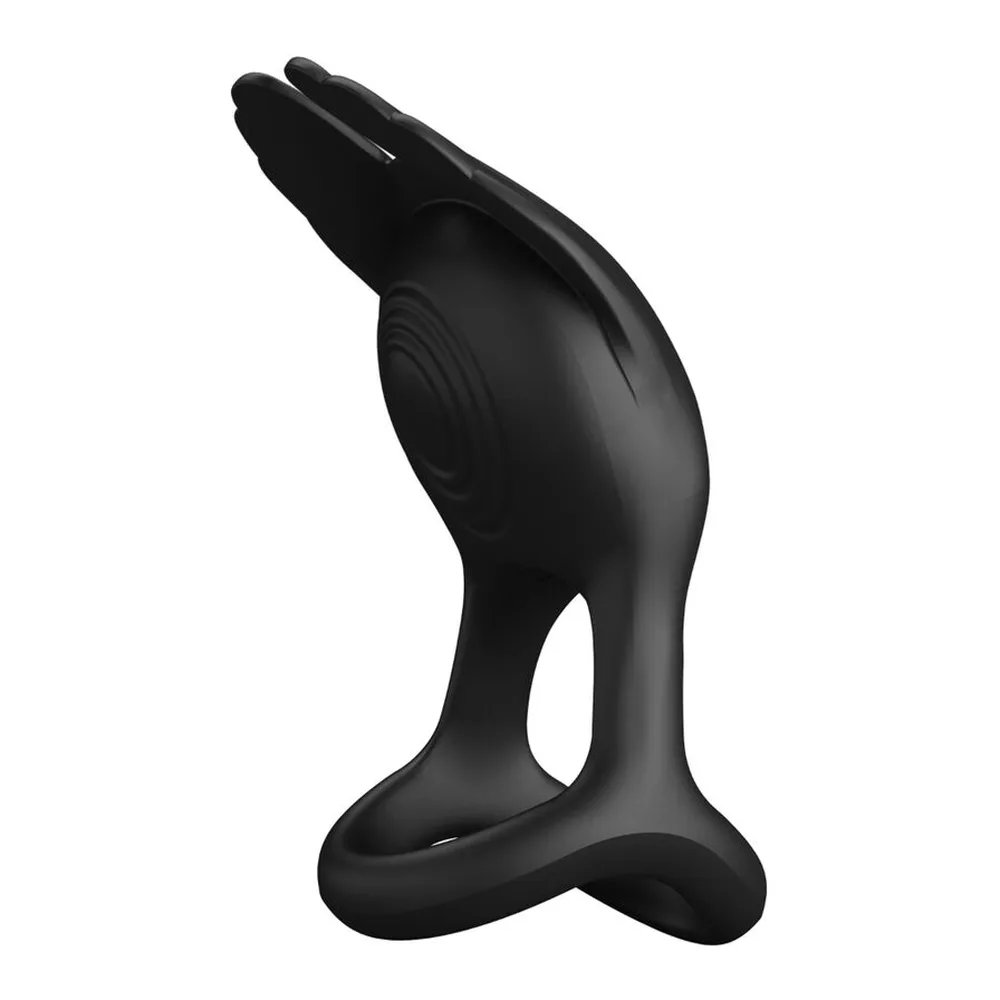 Cockring noir en silicone avec deux boucles arrondies, motifs circulaires en relief sur le corps, fond blanc