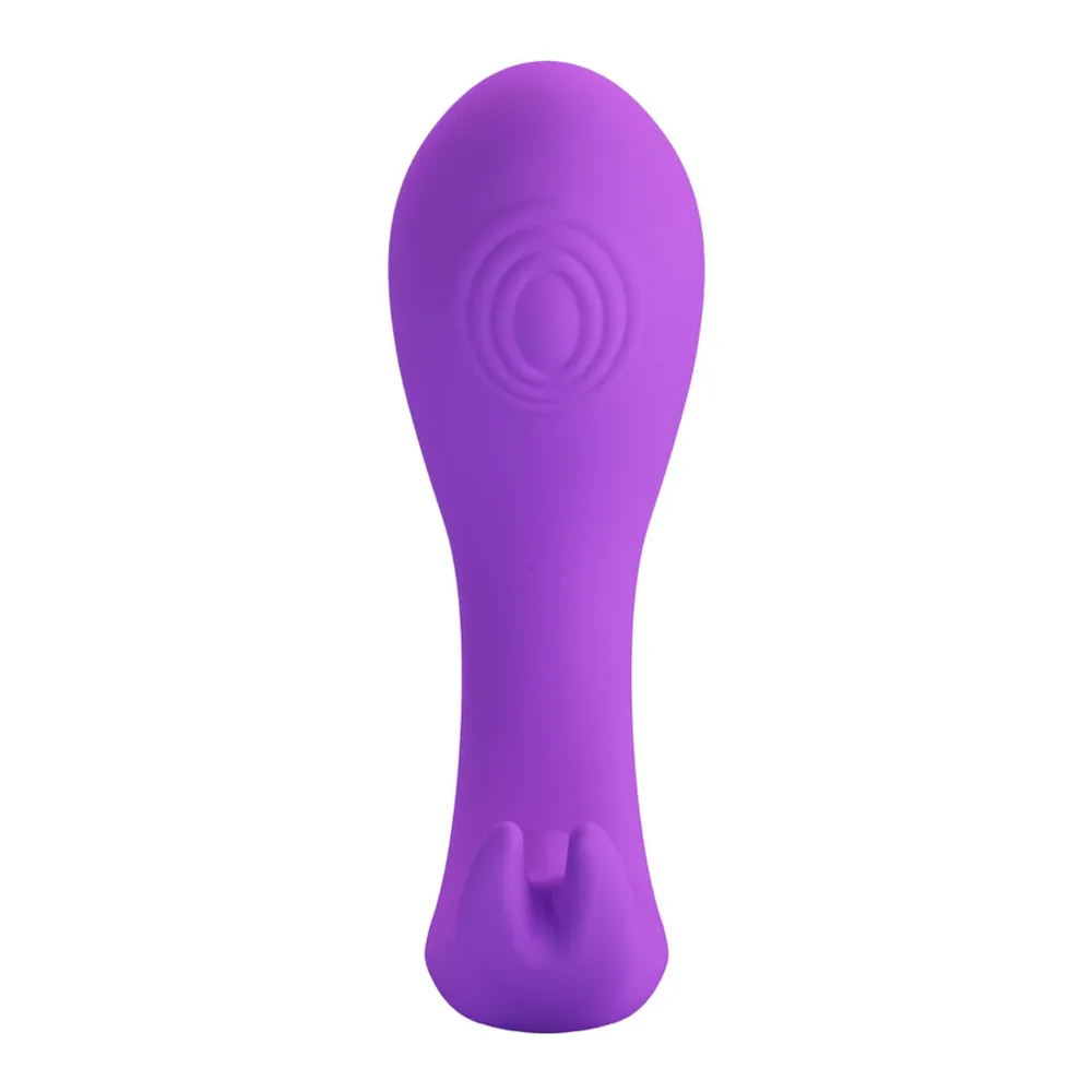 Sextoy en silicone violet avec forme ergonomique incurvée, dotée d'une base élargie, présenté sur fond blanc