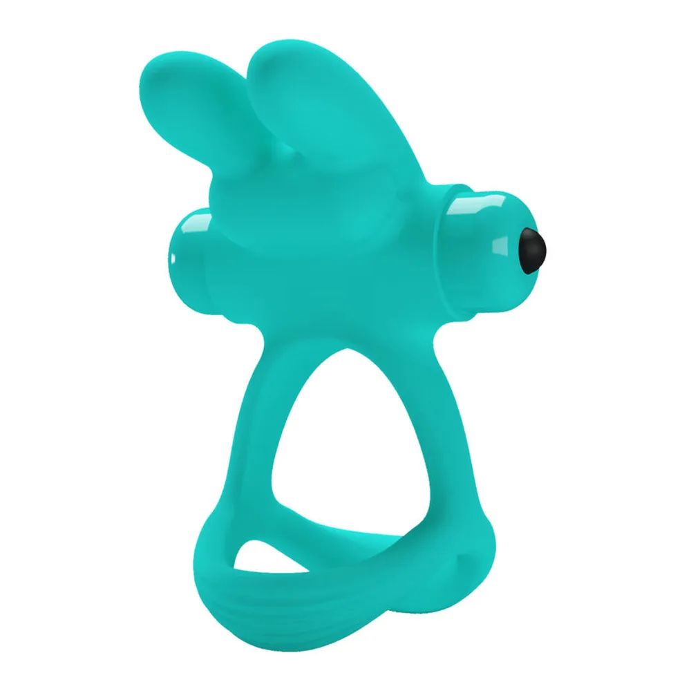 Anneau vibrant en silicone turquoise en forme de lapin avec oreilles pointues, antennes latérales et ouverture centrale, présenté sur fond blanc