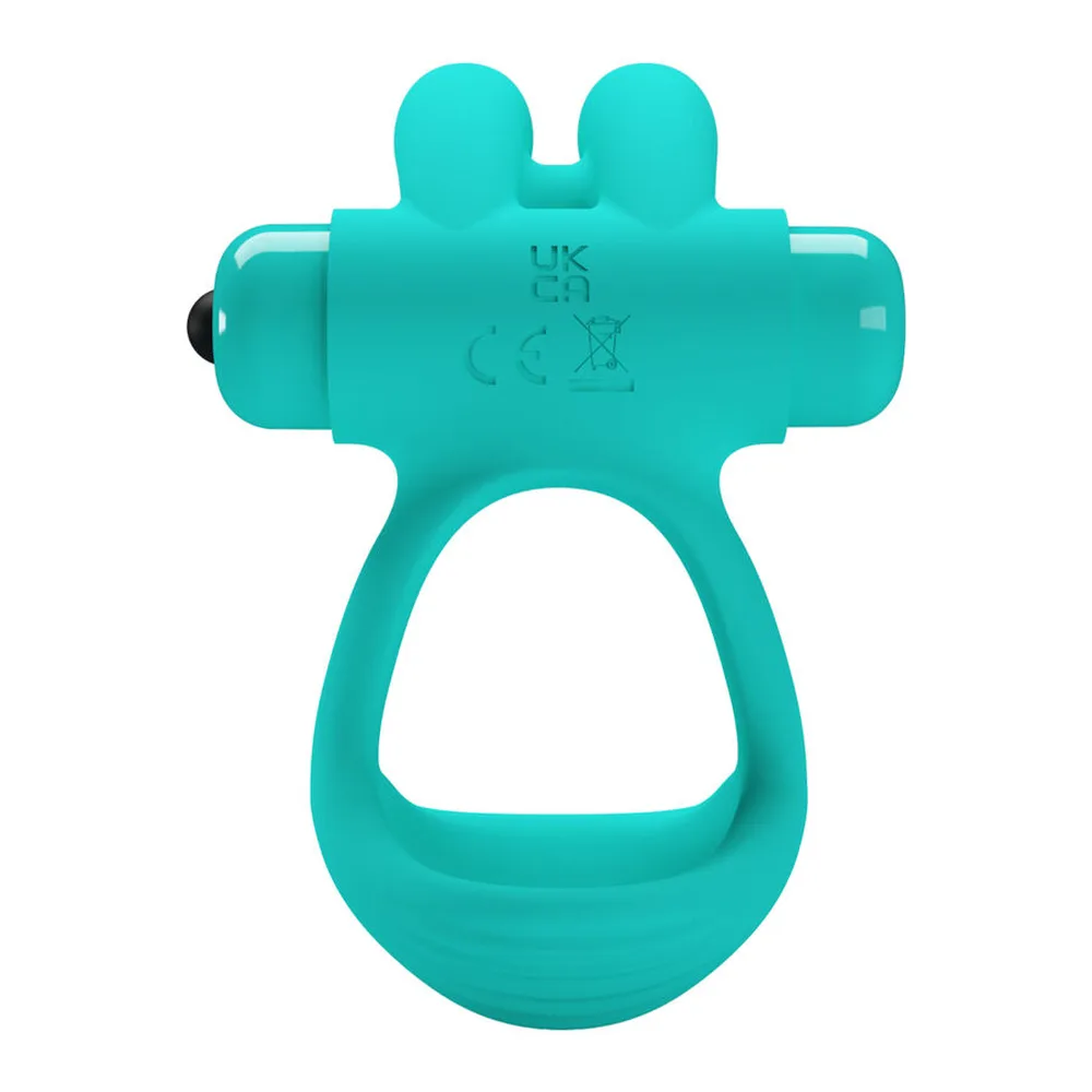 Anneau vibrant en silicone turquoise en forme de lapin avec oreilles pointues, antennes latérales et ouverture centrale, présenté sur fond blanc