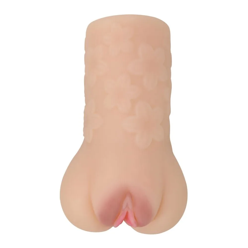 Masturbateur en silicone beige chair avec orifice en relief de teinte rose, texture en relief sur toute la surface, sur fond blanc