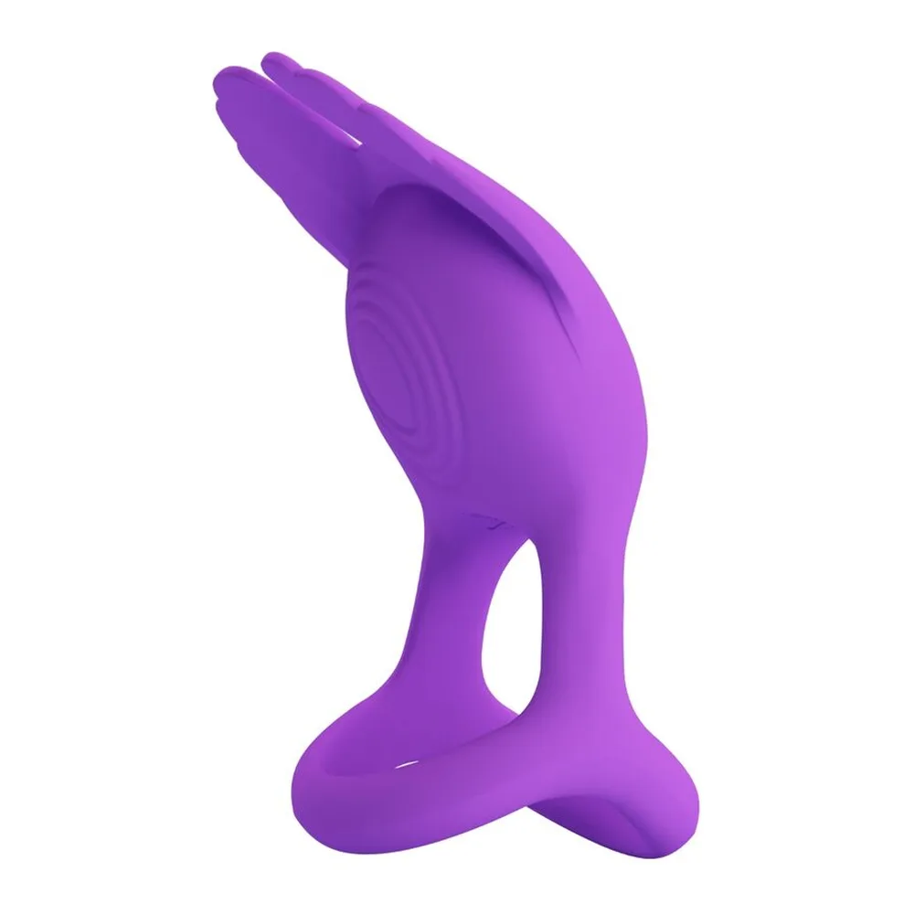 Cockring noir en silicone avec deux boucles arrondies, motifs circulaires en relief sur le corps, fond blanc