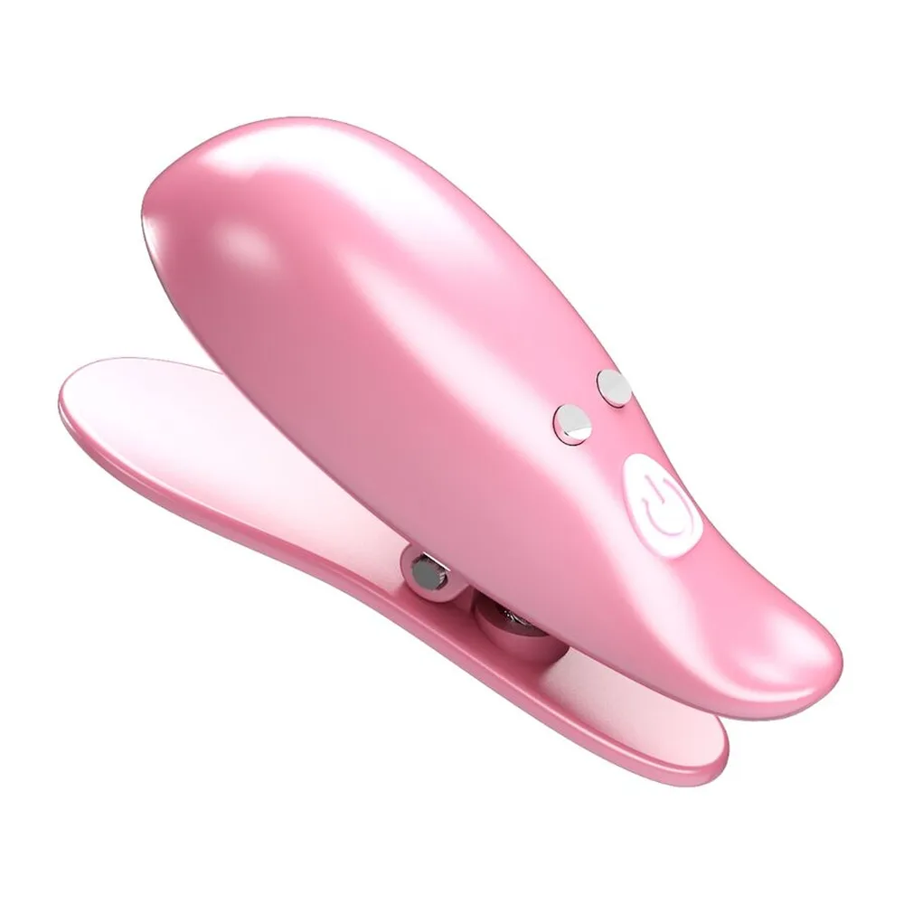Pince à seins rose fuchsia brillant avec deux bras arrondis, deux boutons de contrôle et logo au centre, sur fond blanc