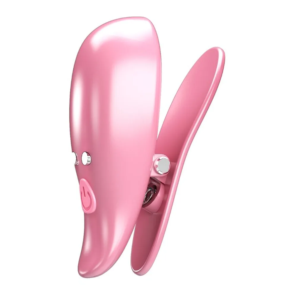 Pince à seins rose fuchsia brillant avec deux bras arrondis, deux boutons de contrôle et logo au centre, sur fond blanc