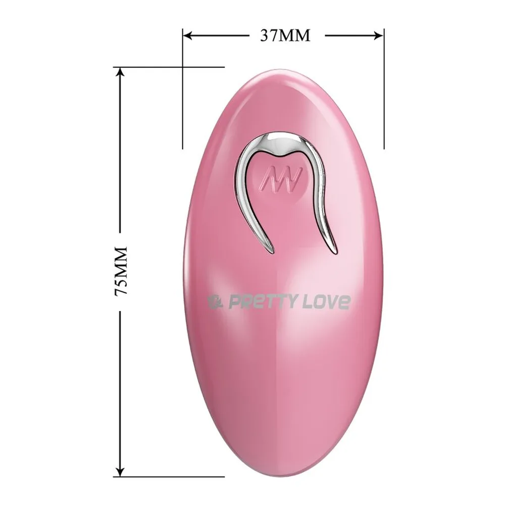 Schéma de dimensions d'une pince à seins ovale rose avec détails métalliques en forme de cœur, 37 mm de largeur et 75 mm de hauteur