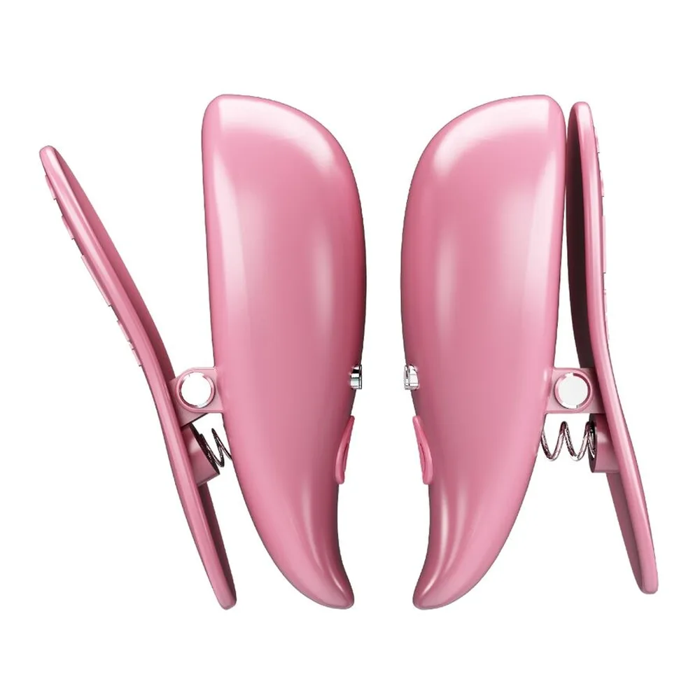 Schéma de dimensions d'une pince à seins ovale rose avec détails métalliques en forme de cœur, 37 mm de largeur et 75 mm de hauteur