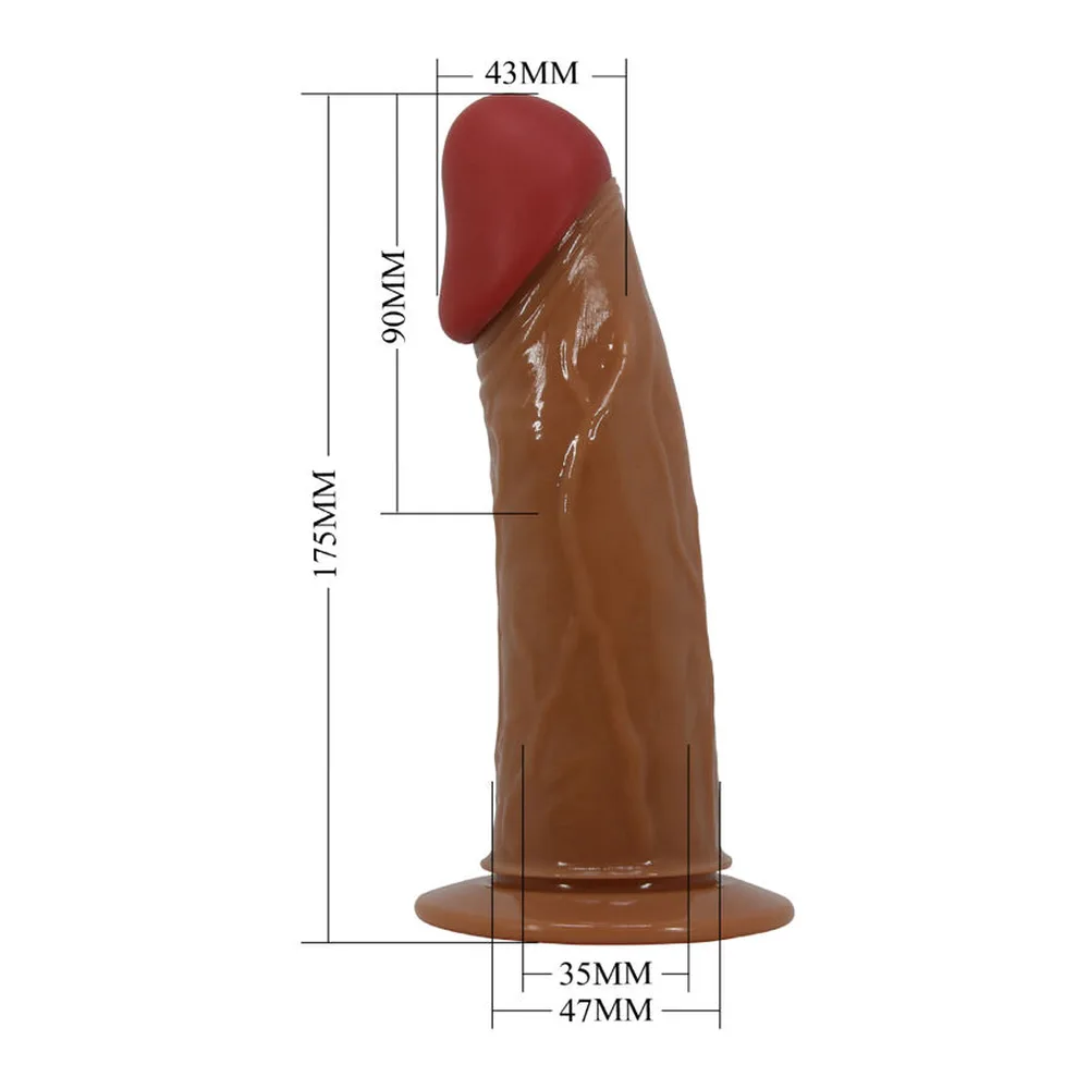 Schéma de dimensions d'un gode vibrant marron avec capuchon rouge, montrant hauteur 175 mm, largeur 43 mm et base 35-47 mm