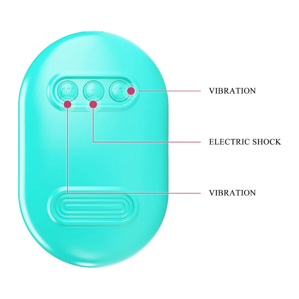 Schéma technique d'un œuf vibrant turquoise avec annotations montrant les trois zones fonctionnelles : vibration supérieure, choc électrique et vibration inférieure
