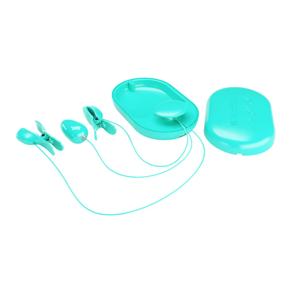 Schéma technique d'un œuf vibrant turquoise avec annotations montrant les trois zones fonctionnelles : vibration supérieure, choc électrique et vibration inférieure