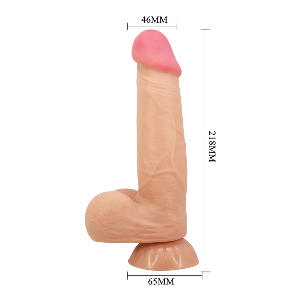 Gode couleur chair avec gland rose, revêtement souple coulissant sur un noyau ferme, base ventouse plate sur fond blanc