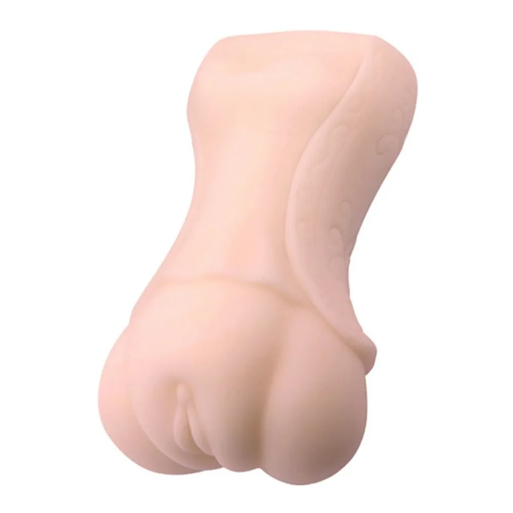 Masturbateur en silicone beige clair à forme anatomique, avec ouverture au sommet et structure arrondie, sur fond blanc