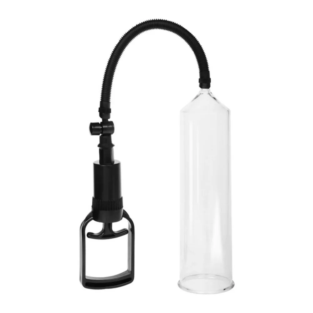 Pompe à pénis manuelle avec tube transparent gradué et poignée noire ergonomique dotée d'un piston actionnable, reliés par un tube flexible noir