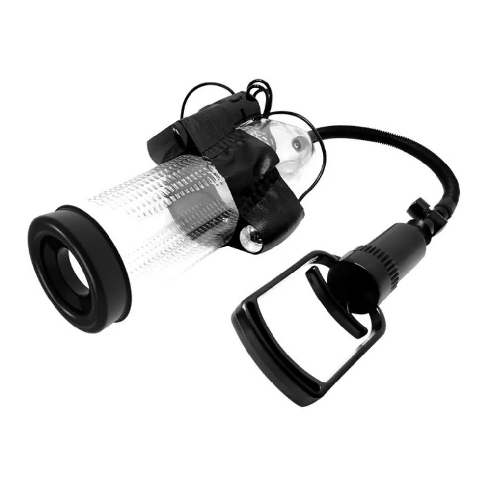 Pompe à pénis en acrylique transparent avec cylindre à motif de grille, motorisation noire et tuyau flexible noir équipé d'une poignée d'aspiration, sur fond blanc